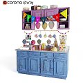 Colorful Kitchen Display With Purple Upper Blue Lower Cabinets Balloons Bunting Flags And Kitchenware
