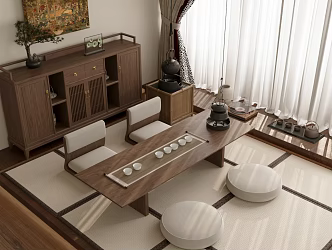 New Chinese Tatami Tea Room Tea Table and Chair Combination Bucket Tea Set 3d model