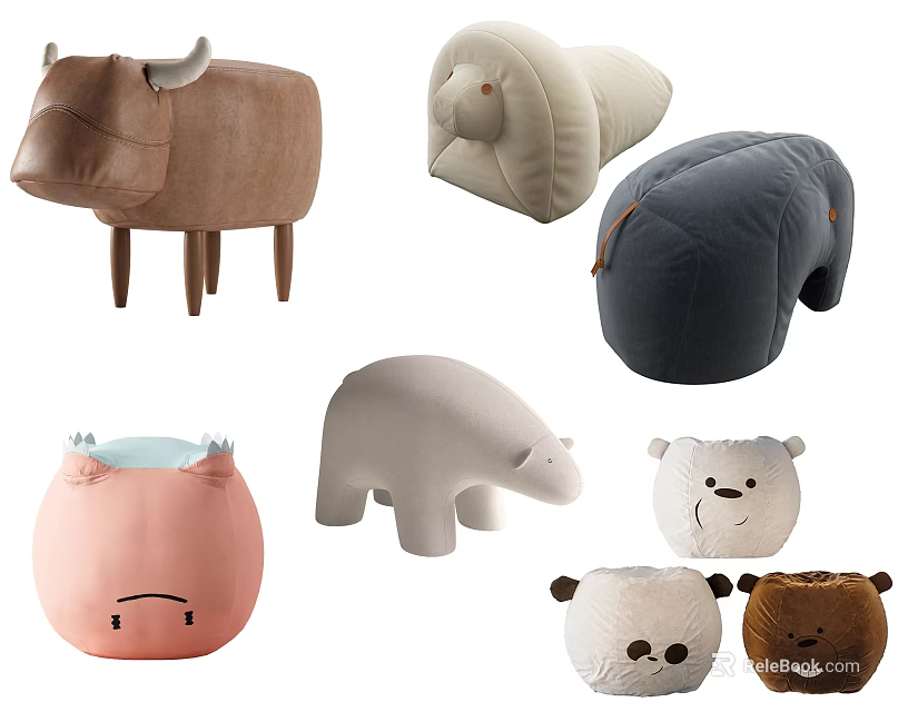 Cute Plush Animal Shaped Stools for Kids Room and Living Room Decor 3d model 