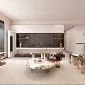 Modern Warm Tone Living And Dining Room With Leather Sofa And Full Wall Storage Cabinets