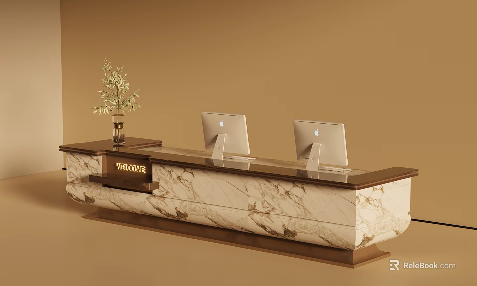 Modern Reception Desk With Marble Counter Two Computers Vase And Welcome Sign 3d model 