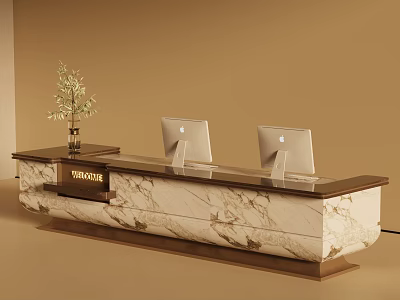 Modern Reception Desk With Marble Counter Two Computers Vase And Welcome Sign 3d model