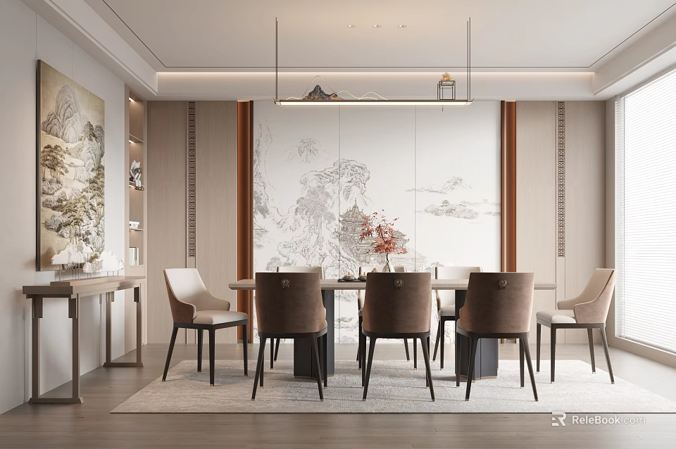 Elegant Chinese Style Restaurant Interior With Landscape Painting Dining Table And Chairs And Chandelier 3d model 