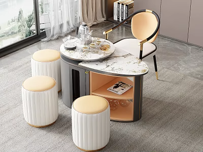 Elegant Modern Tea Table And Chairs With Marble Top Golden Legs And Beige Cushions 3d model
