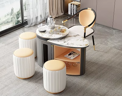 Elegant Modern Tea Table And Chairs With Marble Top Golden Legs And Beige Cushions 3d model