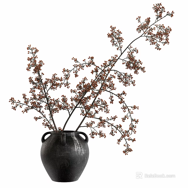 Decorative Black Ceramic Vase With Two Handles And Brown Flowering Branches 3d model