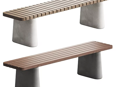 Modern Landscape Bench Design With Wooden Slat Seat And Concrete Legs 3d model
