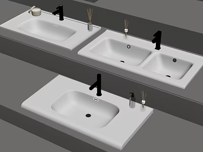 Modern White Bathroom Washbasins With Black Faucets And Toiletries Accessories 3d model