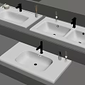 Modern White Bathroom Washbasins With Black Faucets And Toiletries Accessories