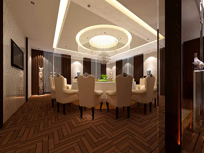 Elegant Private Room Interior With Round Dining Table White Chairs Chandelier And Wooden Herringbone Floor 3d model