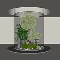 Indoor Miniature Garden with Transparent Glass Cover Green Trees White Lantern Stones and Circular Base