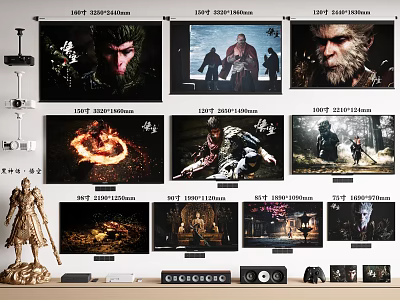 Various TVs With Different Screen Sizes Displaying Game Movie Scenes And Audio Equipment Game Controllers 3d model
