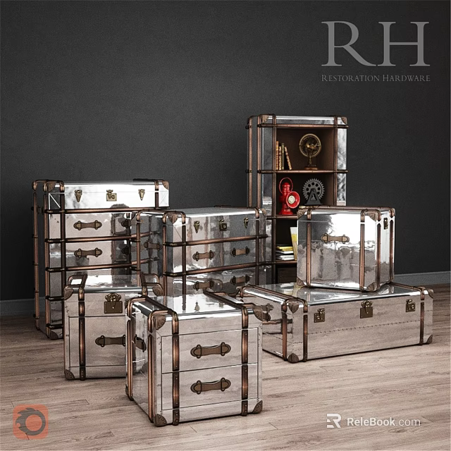 Industrial Style Metal Chest of Drawers with Retro Handles and Dark Wall Backdrop 3d model 