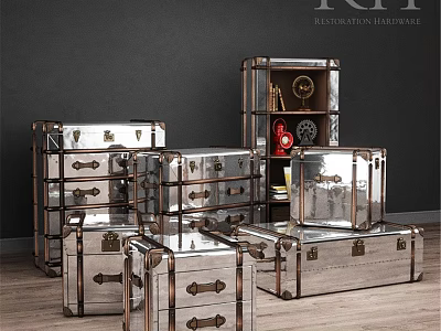 Industrial Style Metal Chest of Drawers with Retro Handles and Dark Wall Backdrop 3d model