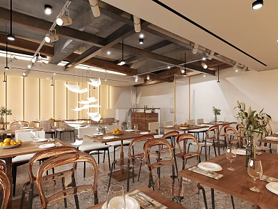 Modern Restaurant Interior With Wooden Tables Chairs Hanging Lights Plants And Open Space 3d model
