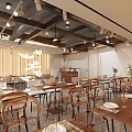 Modern Restaurant Interior With Wooden Tables Chairs Hanging Lights Plants And Open Space