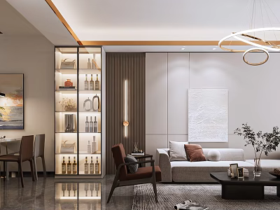 Modern Dining and Living Room Interior With Sofa Dining Table Wine Cabinet Artwork and Pendant Lights 3d model