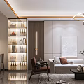 Modern Dining and Living Room Interior With Sofa Dining Table Wine Cabinet Artwork and Pendant Lights