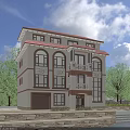 Modern Detached Villa Featuring Red Roof Beige Exterior Arched Windows Balcony Porch And Green Trees