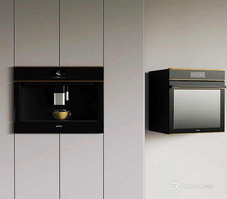 Modern Black And Gold Kitchen Coffee Machine And Oven With Sleek Design And Digital 3d model 