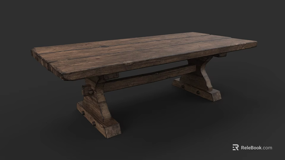 Rustic Solid Wooden Dining Table Set With Rectangular Top And Sturdy Legs 3d model 