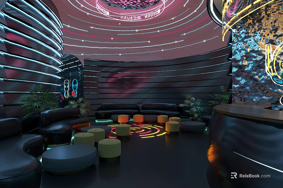 Modern Bar Interior Featuring Neon Lights Circular Ceiling Design Comfortable Sofas And Round Decorations 3d model 