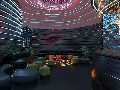 Modern Bar Interior Featuring Neon Lights Circular Ceiling Design Comfortable Sofas And Round Decorations 3d model