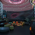 Modern Bar Interior Featuring Neon Lights Circular Ceiling Design Comfortable Sofas And Round Decorations