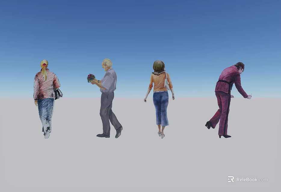 Women In Different Poses Holding Flowers Wearing Blue Pants On Gray Ground With Blue Sky 3d model 