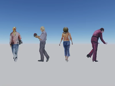 Women In Different Poses Holding Flowers Wearing Blue Pants On Gray Ground With Blue Sky 3d model