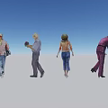 Women In Different Poses Holding Flowers Wearing Blue Pants On Gray Ground With Blue Sky