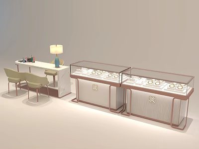Jewelry Store Interior Design With Glass Display Cases And Side Table Lamp And Chairs 3d model