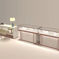 Jewelry Store Interior Design With Glass Display Cases And Side Table Lamp And Chairs