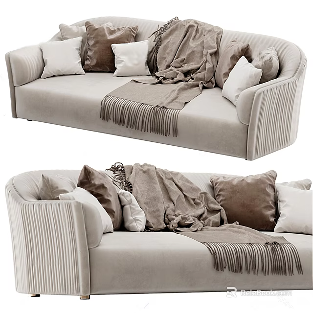 Cozy Light Beige Multi person Sofa with Multiple Cushions and Tassel Throw Blanket 3d model 