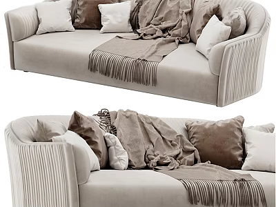 Cozy Light Beige Multi person Sofa with Multiple Cushions and Tassel Throw Blanket 3d model