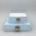 Decorative Ornament Set Blue With Pink Patterns Stacked Boxes For Home Decor Featuring Metal Clasps