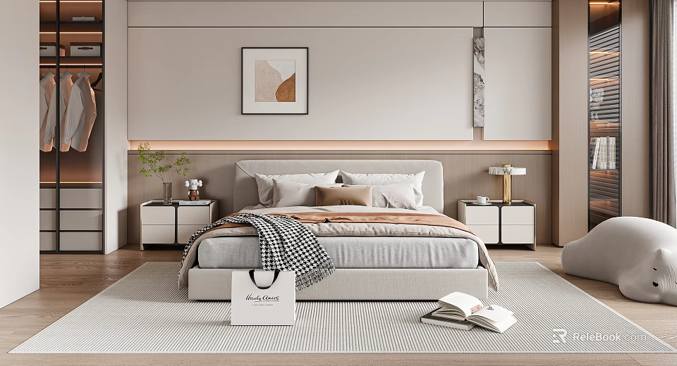 Modern Bedroom Interior With Comfortable Bed Nightstands Table Lamps Wall Art And Soft Rug 3d model 
