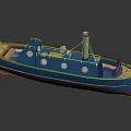 Blue Vintage Water Transport Vessel With Yellow Chimney Round Windows And Deck Seats