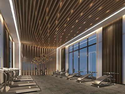 Modern Gym Interior With Wooden Ceiling Large Windows Treadmills And Exercise Machines 3d model