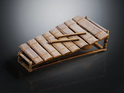 Traditional Bamboo Percussion Instrument With Arranged Bars On Wooden Frame And Mallets 3d model