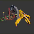 Sci Fi Game Movie Character With Yellow Mechanical Claw Rusted Metal Structure And Pipes