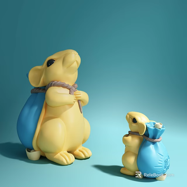 Cute Yellow Mouse Dolls With Blue Bags In Two Sizes On Light Blue Background 3d model 