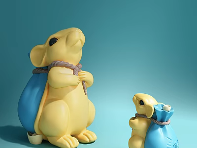 Cute Yellow Mouse Dolls With Blue Bags In Two Sizes On Light Blue Background 3d model