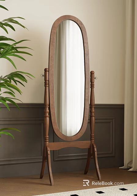Wooden Frame Oval Standing Mirror With Green Plant And Curtain In Interior 3d model 