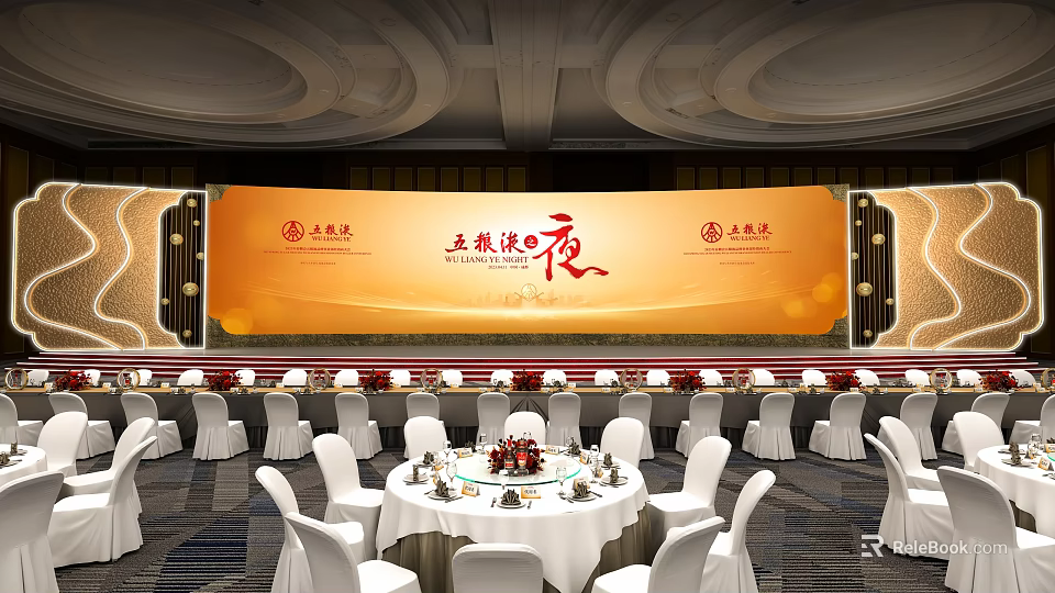 Grand Banquet Hall Interior With Round Tables And White Chairs 3d model 