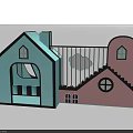 Swing Door In Cartoon House Model With Blue Pink Building Staircase And Windows