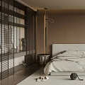 Modern Bedroom Interior with Wooden Walls White Bed Floor-to-Ceiling Windows Minimalist Nightstands Rug and Greenery