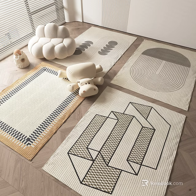 Modern Living Room With Geometric Square Rugs And Cute Decor 3d model 