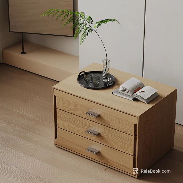 Modern Wooden Nightstand With Three Drawers Tray Glass Open Books And Green Plant 3d model 
