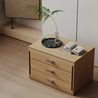 Modern Wooden Nightstand With Three Drawers Tray Glass Open Books And Green Plant 3d model